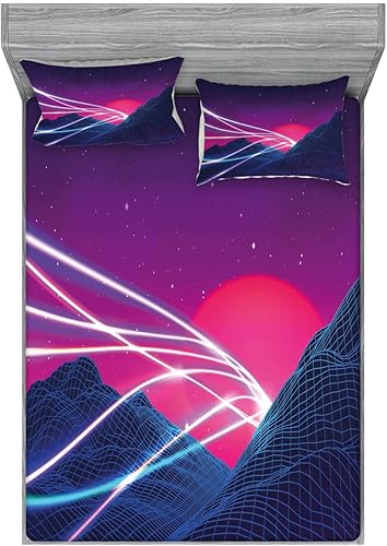 Ambesonne Synthwave - Juego de sábanas bajeras y fundas de almohada, líneas abstractas en montañas a cuadros y estrellas solares retro cósmicas,