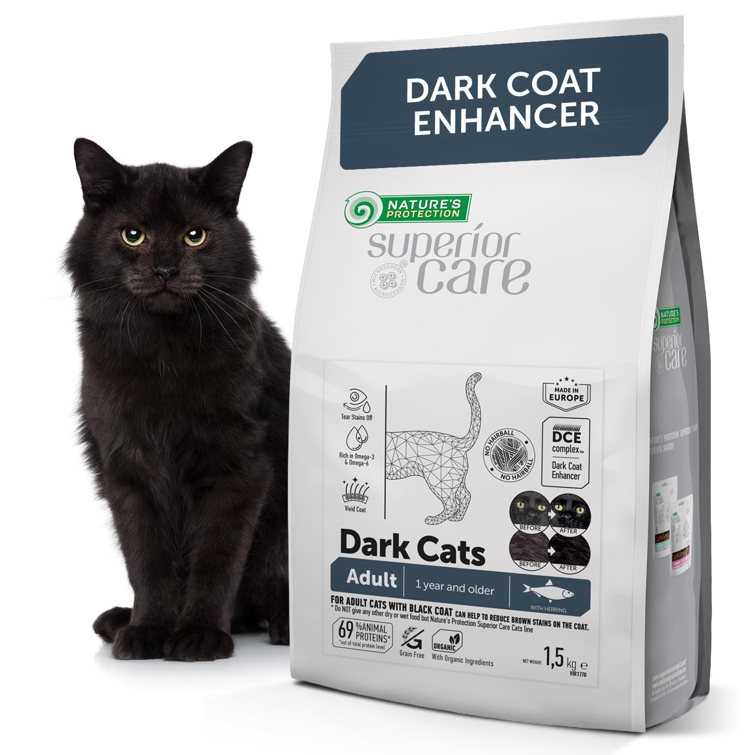 Superior Care Grain Free Dry Cat Food For Adult Dark Cats (1.5 kg) Cat biscuits with Herring, Hypoallergenic Cat Food Hairball Control, Tear Stain Off, Healthy Skin & Coat
