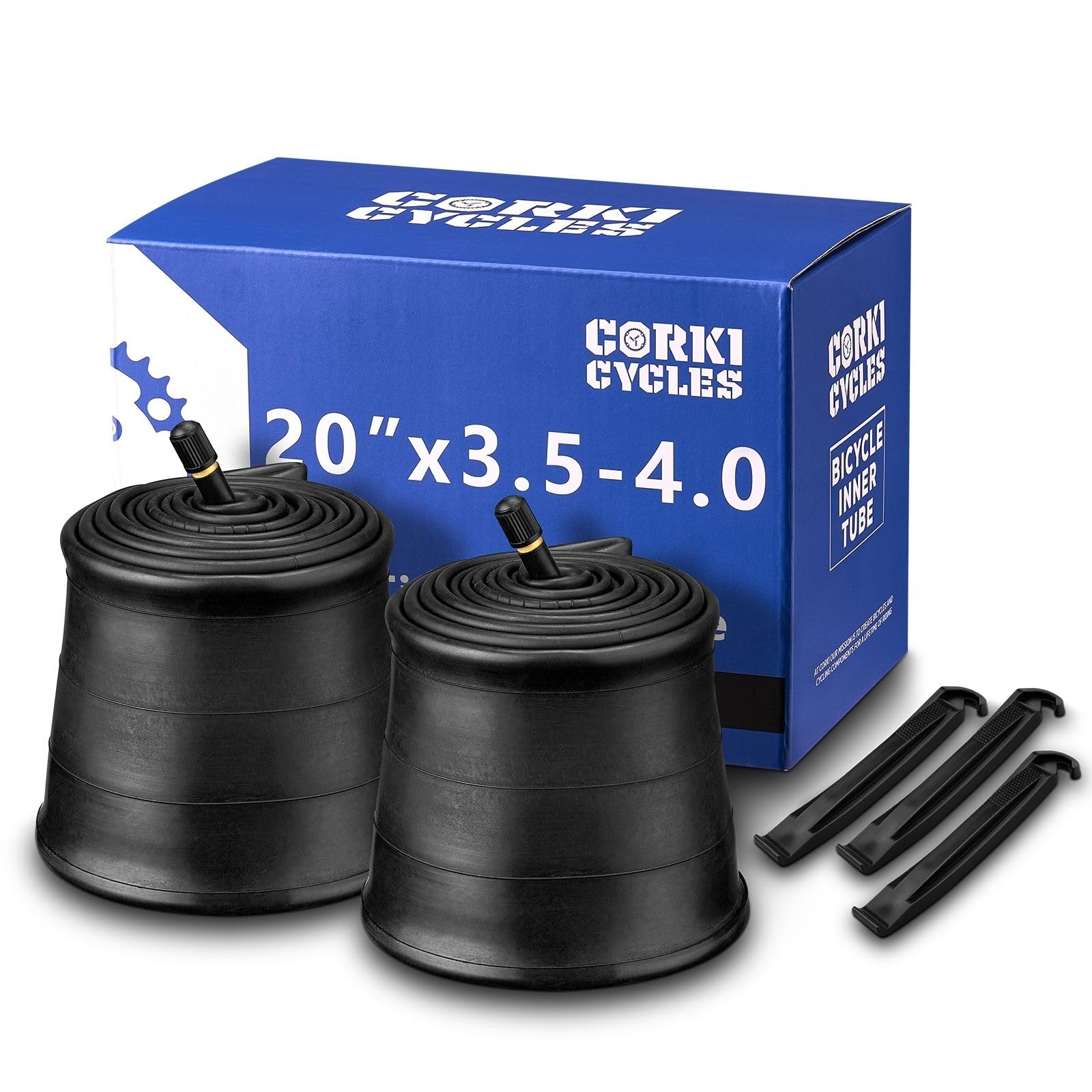 Corki Cycles 20 Inch Fat Bike Tire Inner Tube 20 x 3.5 4.0 with 32mm Schrader Valve Heavy Duty Butyl Rubber for E-Bikes BMX Folding Bicycles - 2 Pack