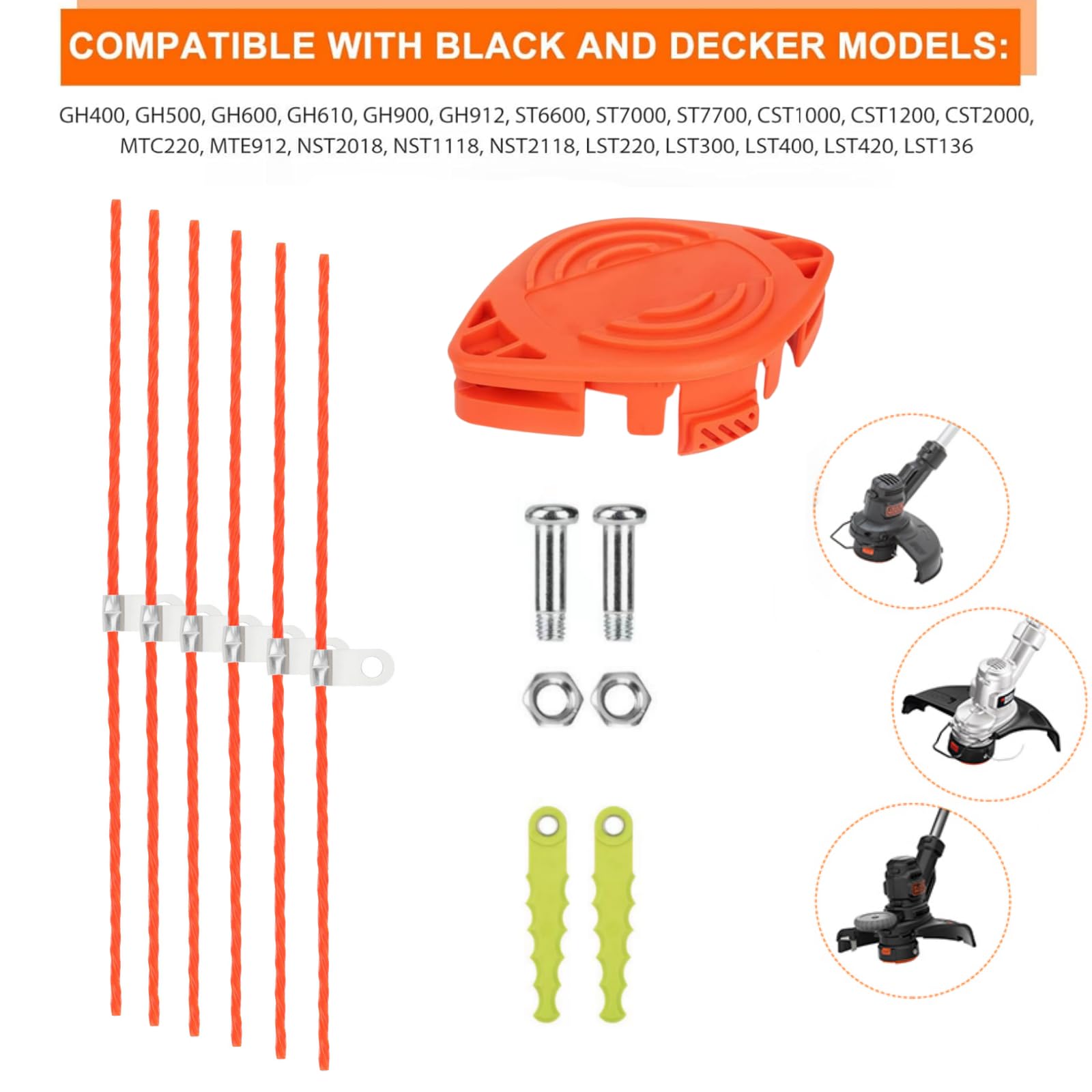 Cuchilla recortadora AF-100 + línea de recortadora precortada flexible mejorada de 0.12 pulgadas compatible con Black Decker GH400 GH500 GH600 GH610 GH900 GH912 LST120 LST136 BESTA512