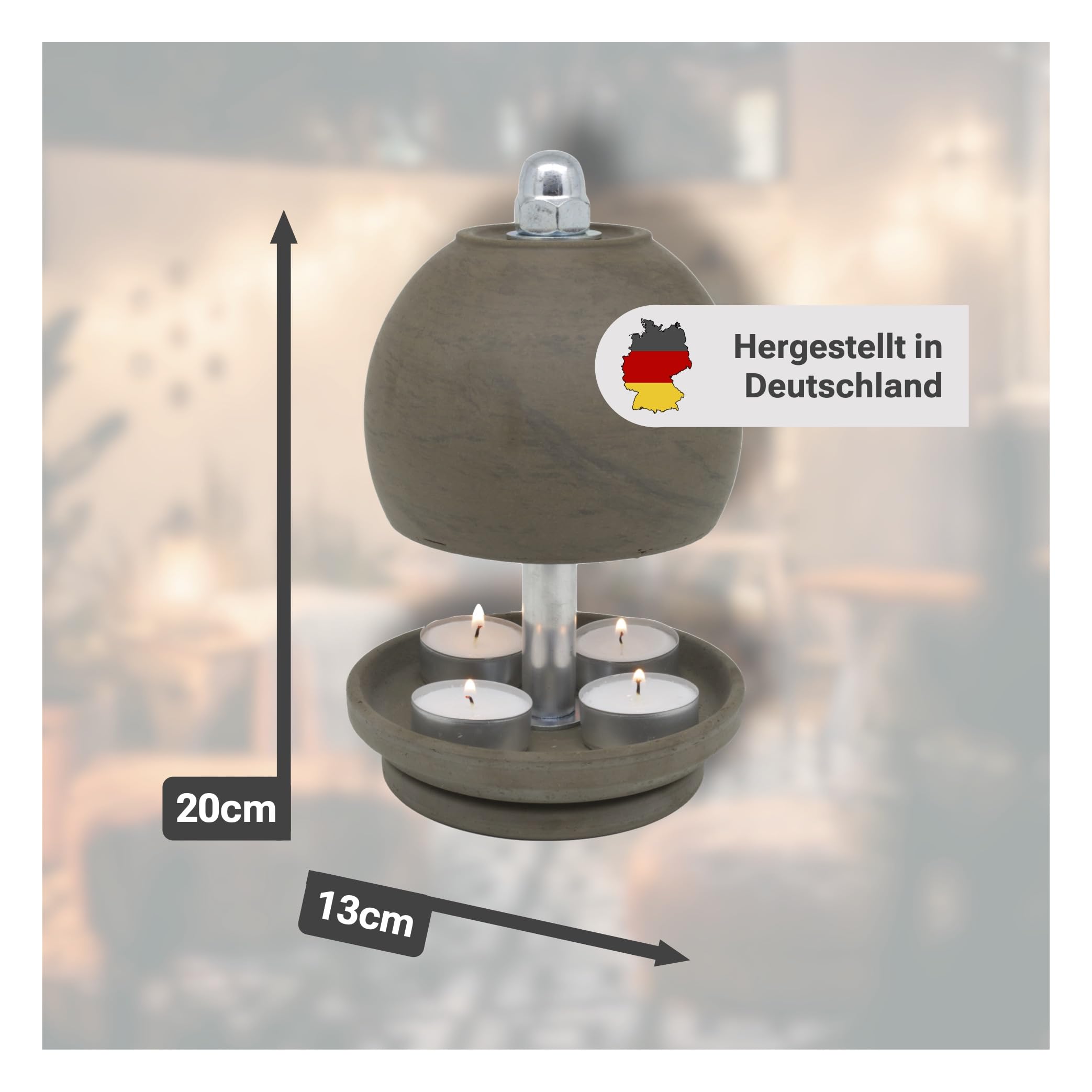 HP Teelichtlampe aus Ton in Basalt Optik - Größe M - Teelichtofen für bis zu 4 Teelichter - Spendet Licht und Wärme - Kerzen Notheizung - Teelichtheizung inkl. Teelichter + Feuerzeug