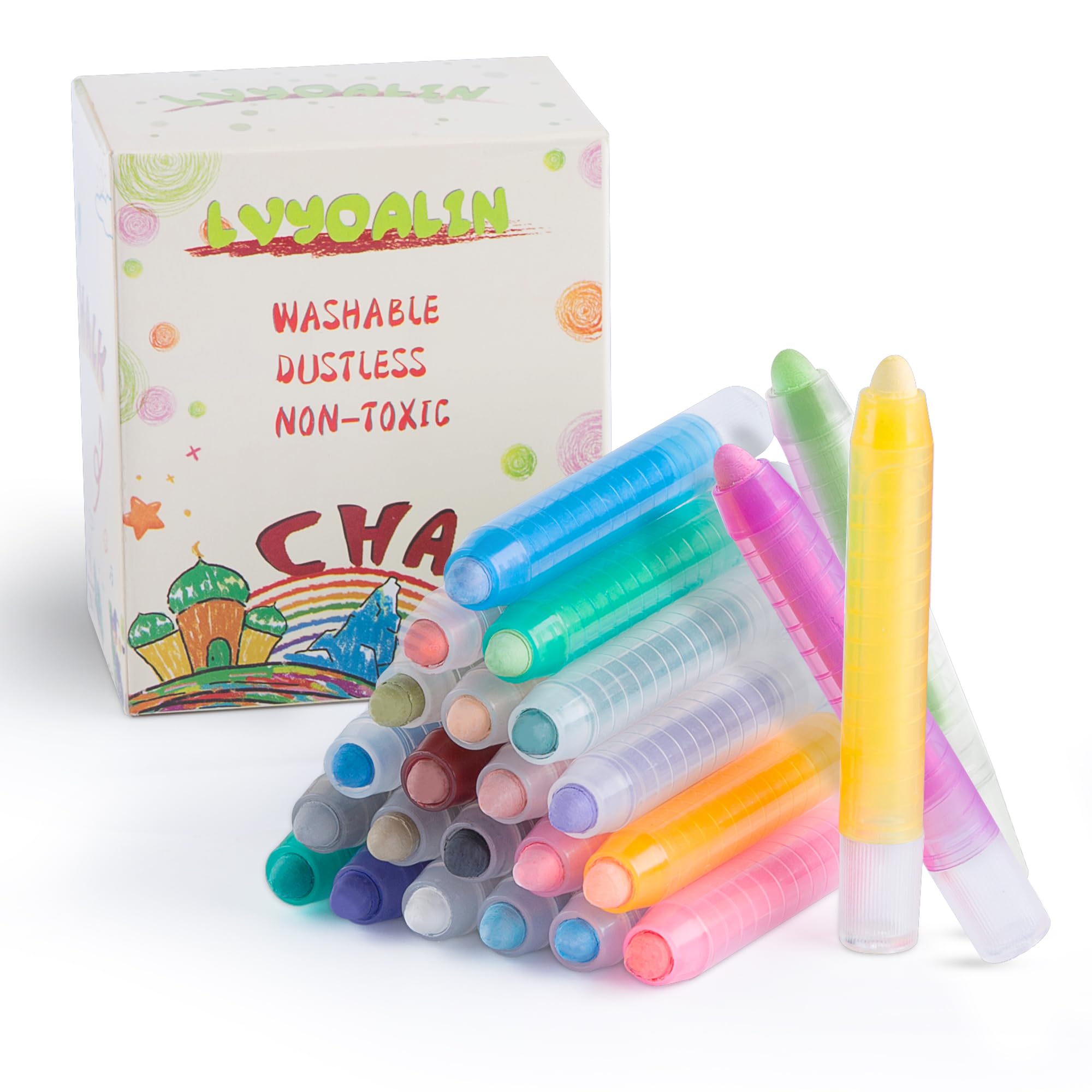 LVYOALIN Dustless Chalk for Kids,Non-toxic Colored Sidewalk Chalk With Holder for Kids, 24 Colored Washable Toddlers Chalks for Blackboard Drawing
