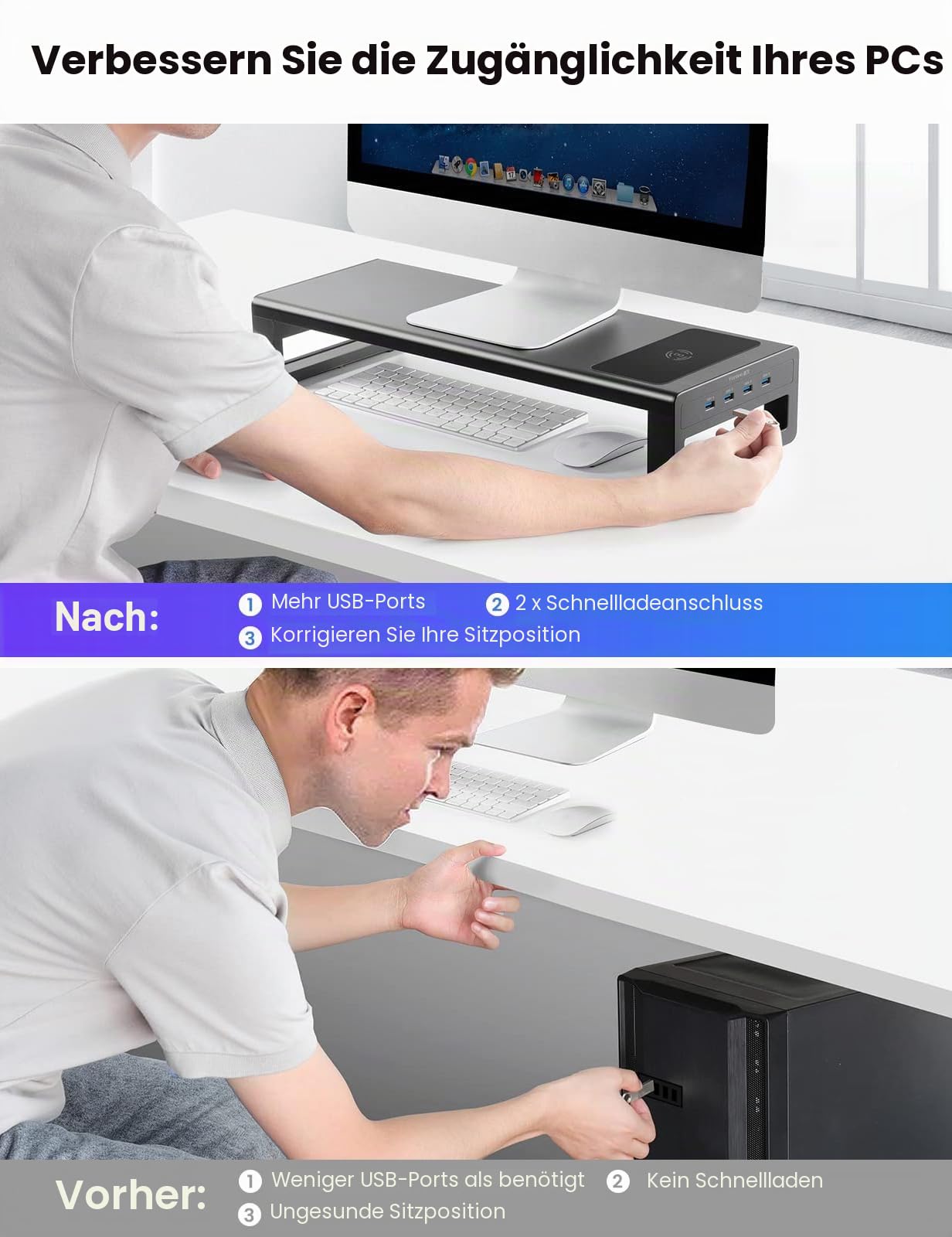Vaydeer Doppelter Monitorständer aus Metall mit kabellosem Laden und 4 USB 3.0 Hub aus Aluminium für 2 Monitore, Unterstützt bis zu 32 Zoll für Computer, Laptop, Schwarz