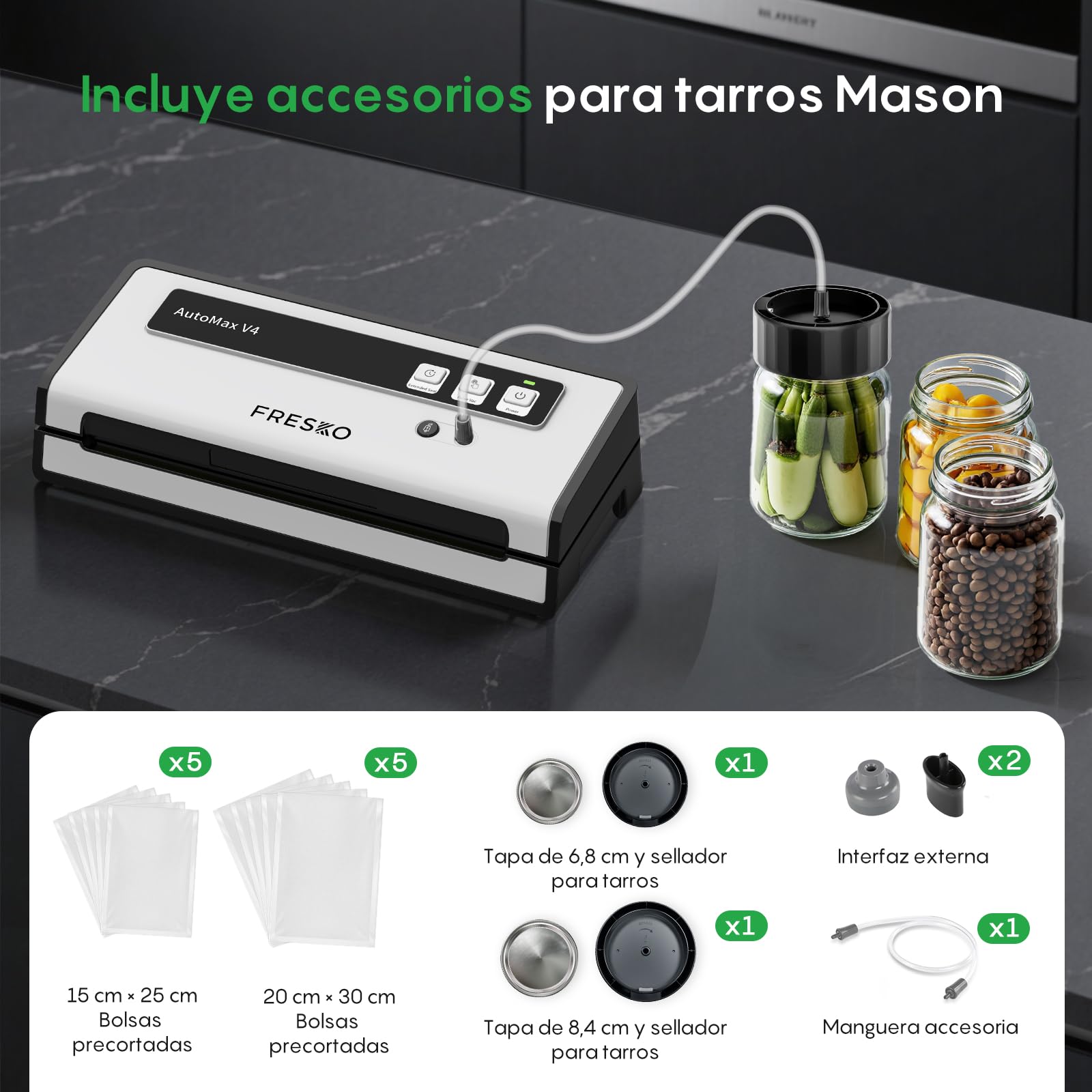 FRESKO Envasadora al Vacío Automática, 140W con Doble Sellado por Calor, Modo Seco/Húmedo, Uso con Una Mano, Incluye 10 Bolsas Pre-cortadas y 4 Kit para sellar tarros Mason (Automax V4)