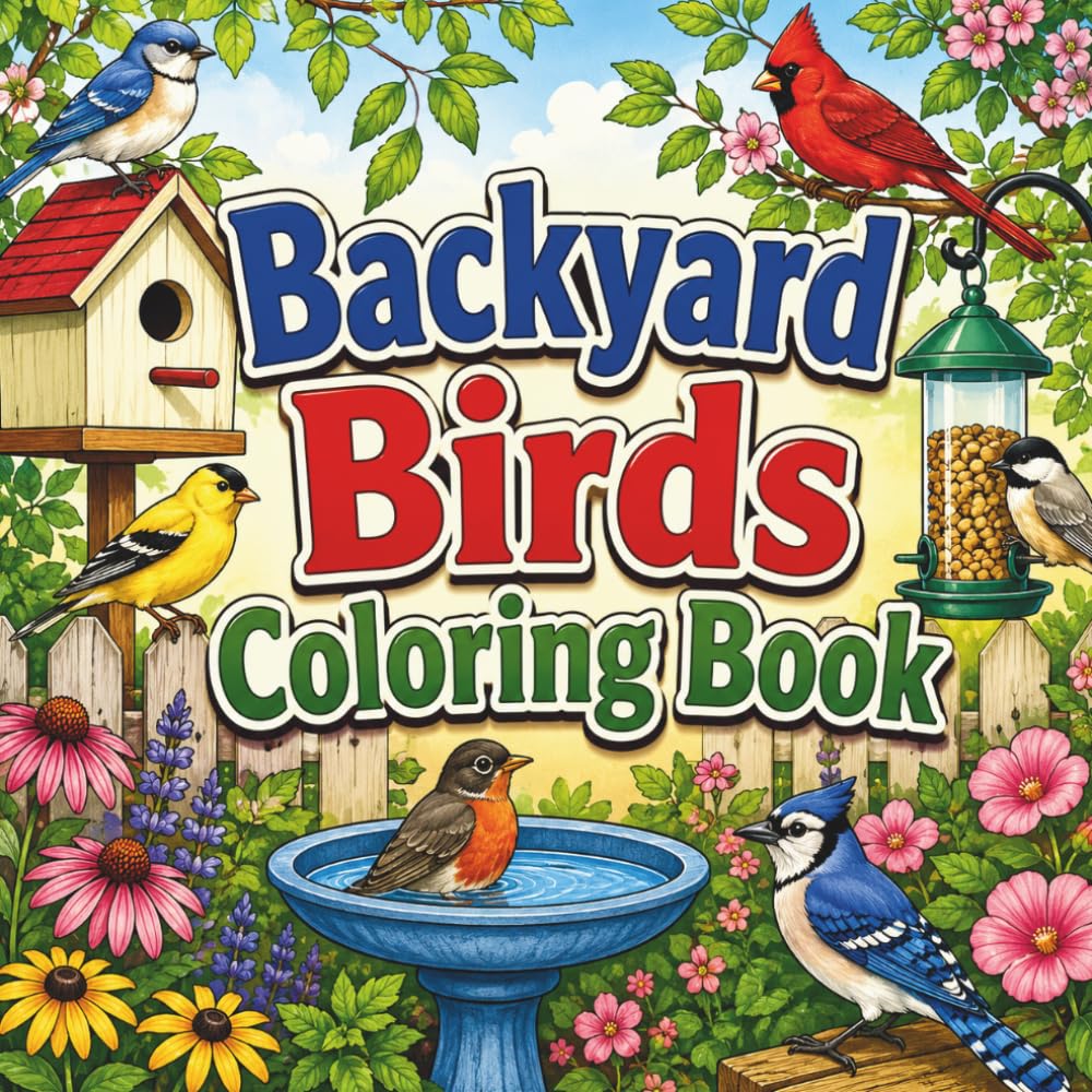 Backyard Birds Coloring Book: Color Relaxing Garden Bird Scenes for Adults