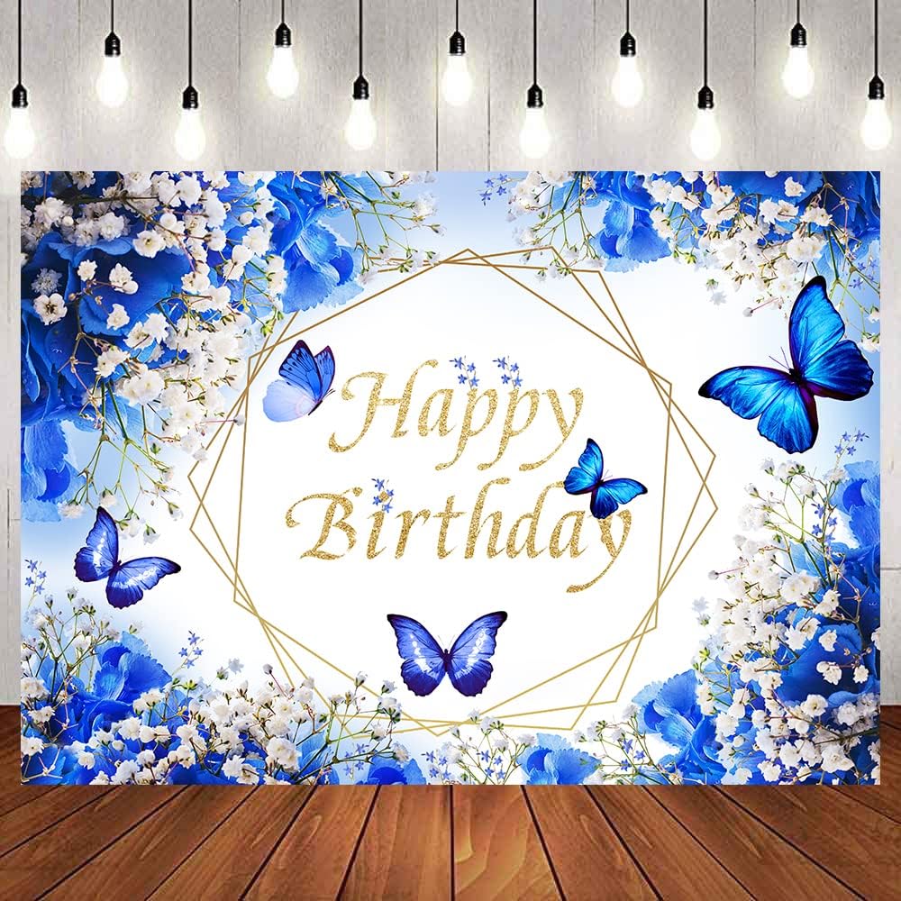 - Withu Royal Blue Butterfly Backdrop Happy Birthday Floral Flowers Gypsophila Butterflies Wishes Theme Party Cake Table Party Decor Photography Banner Photo Booth Props 7x5ft
