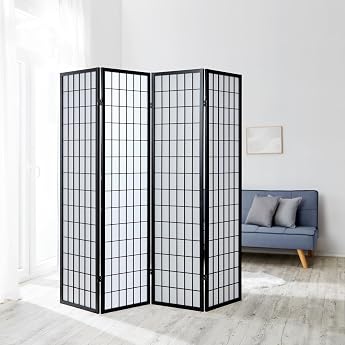 Homestyle4u 4 Part Paravent Room Divider - Wooden Separating Wall Shoji in Black Rice Paper White
