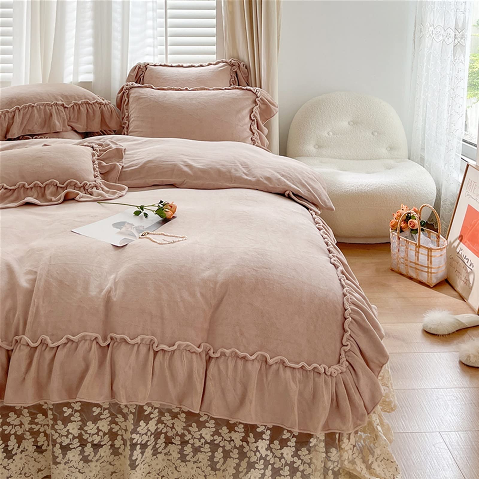クリーム色 フリル付きカバーセット クイーンサイズ シーツカバー フリル 布団カバーセット クイーン 3点セット おしゃれ