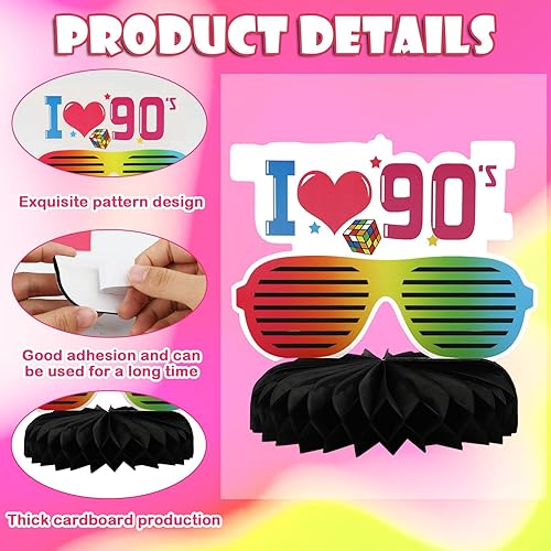 Miniatura 4 de 9 piezas de decoraciones de fiesta de los años 90, centros de mesa retro de panal de los años 90, centros de mesa de fiesta de regreso a los 90 para