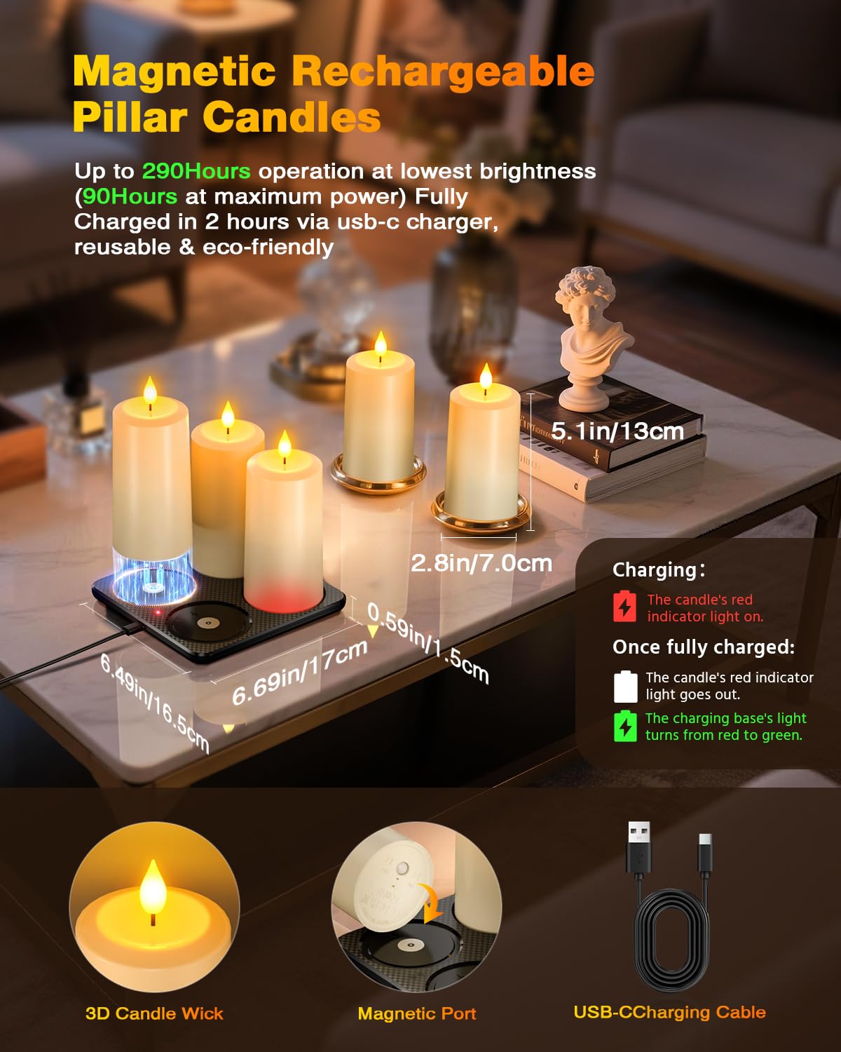 Yme 4er Set LED Kerzen Aufladbar mit Timerfunktion Magnetischer Ladestation | Wiederaufladbare LED Stumpenkerzen mit Fernbedienung, Flackernd & Wasserdicht für Innen Outdoor Homedeco Zimmer Party (IP54)