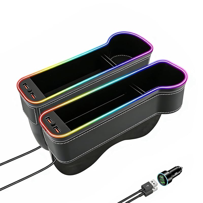 Kit com 2 organizadores de vão do banco automotivo com iluminação LED, carregador USB QC 3.0 de 56 W e porta-copos, preto