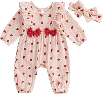 Amnnchya Newborn Baby Girl Valentines Outfit Heart Ruffle Bow Long Sleeve St Patricks Easter Romper Bodysuit