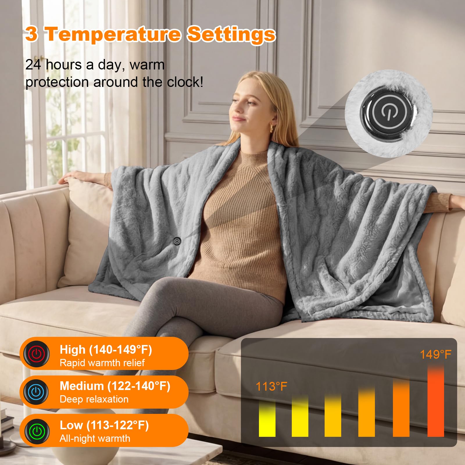 Heizdecke Kabellos 160x90cm mit Akku, Waschbar Flanell Heizdecke, USB Elektrische Wärmedecke für Sofa, Büro, Reisen, Camping (Grau)