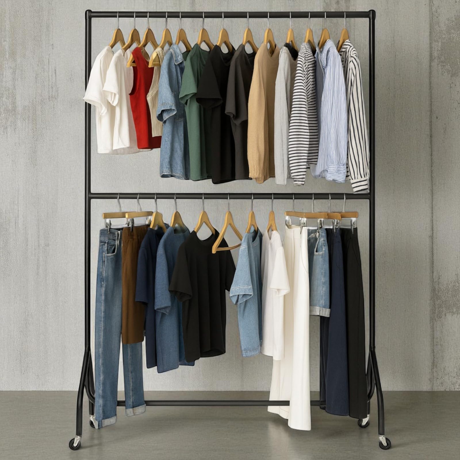 Shoplines Supplies Black With Centre Bar 6Ft Wide X 5Ft High Two-Tier Heavy Duty Clothes Rail With Adjustable Centre Bar, Black Steel Garment Rack, 150Kg Capacity, Castor Wheels, Commercial Clothing Display Rail