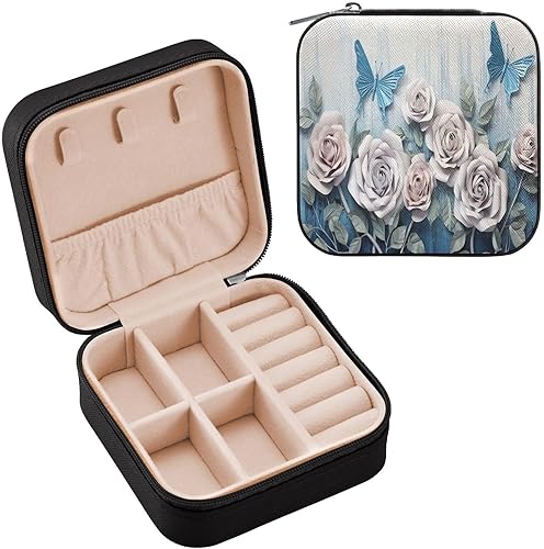 Vista 2 de GUIJI White Roses and Butterflies PU Leather Jewelry Organizer, Portable Small Jewelry Box Travel Jewelry Case Earrings Necklace Bracelet Rings for