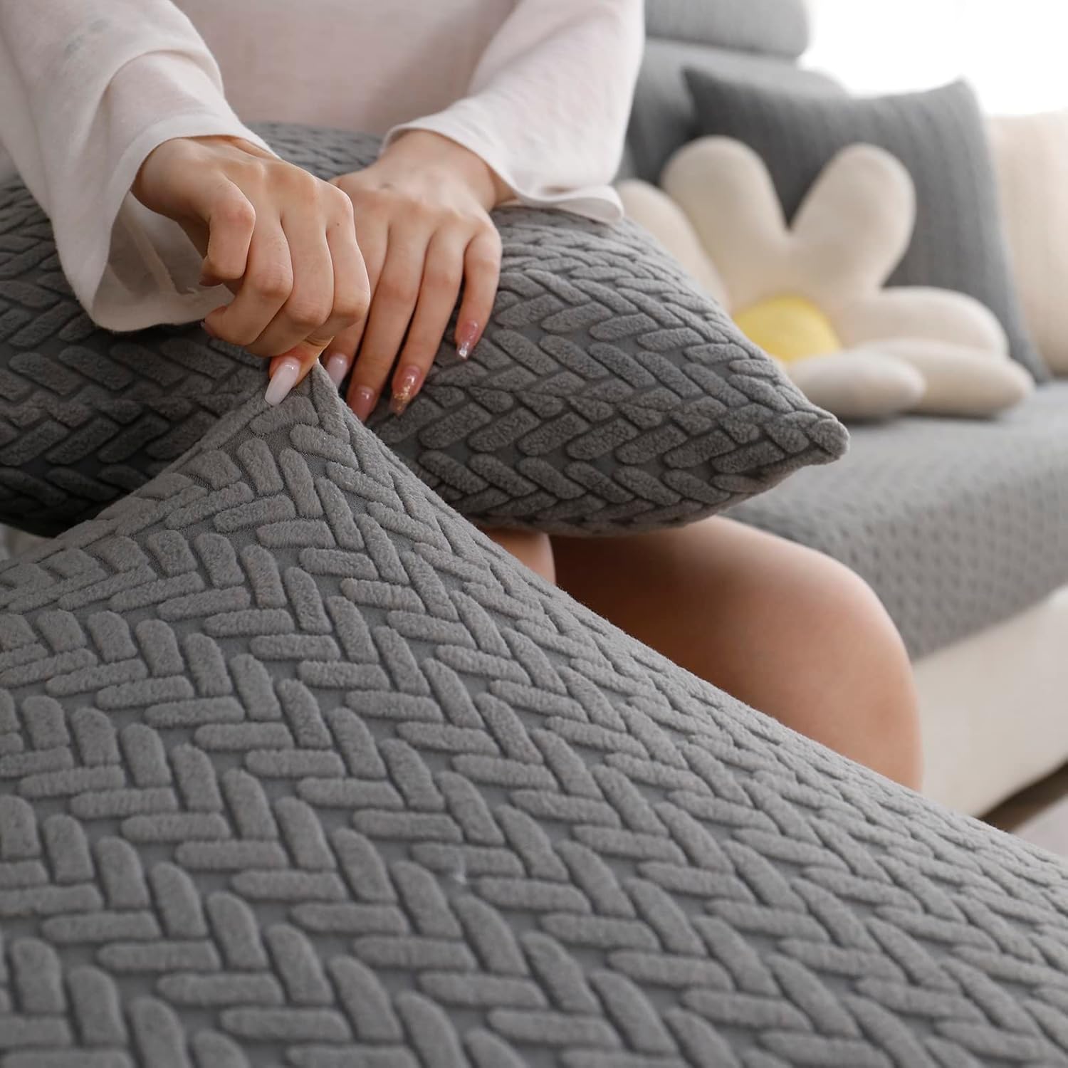 Universal Sofa Cover Replacement, Stretch Wear-Resistant Loveseat Couch Cushion Slipcovers, Anti-Slip Chaise Lounge Slip Cover, Couch Covers for Sectional Sofa L Shape(Gray,Large Double Seat Cover)