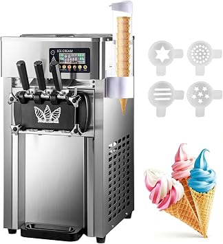 Commercial Soft Serve Ice Cream Machine, 18L/H, 3 Flavor Countertop Softserve Ice-cream Maker with 1200W Compressor, LCD Panel, Auto Cleaning, Puffing Shortage Alarm