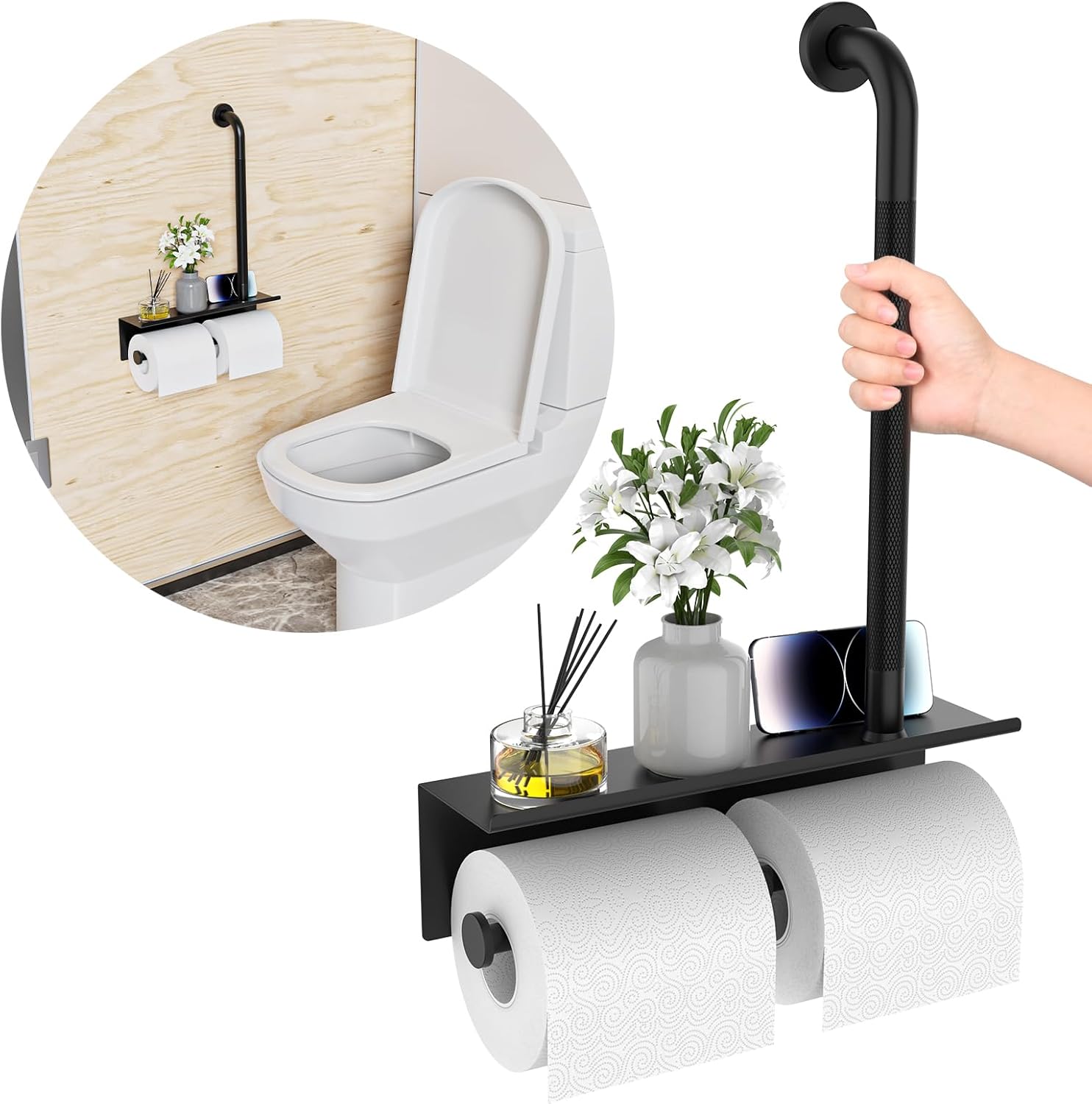 Bathroom Grab Bar with Shower Shelves,Munzong Toilet Paper Holder 3 in 1 Bathroom Organizers and Storage, Anti Slip Stainless Steel Safety Hand Rail for Handicap Elderly Senior Assist