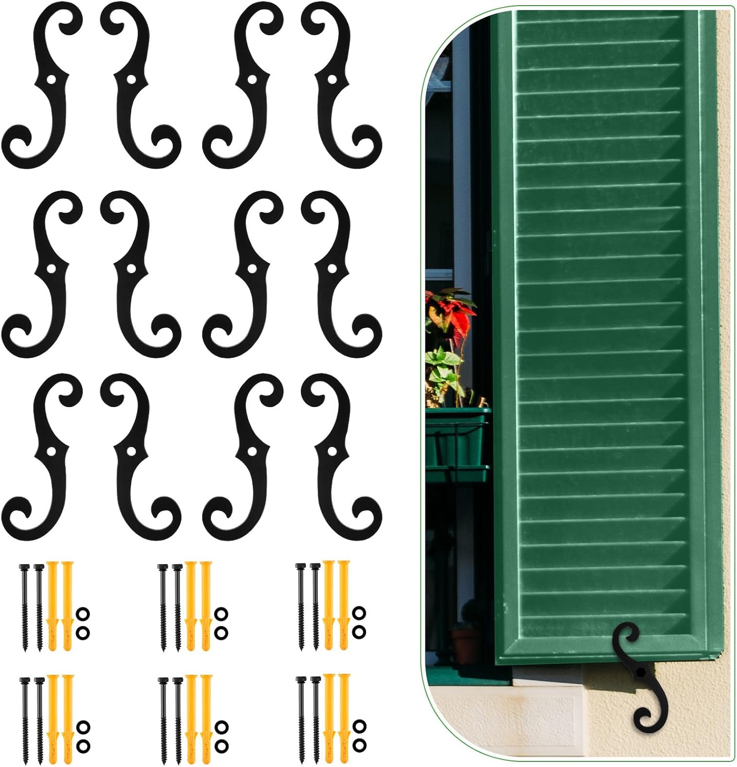 MorningRo 12 Pack Black S Style Shutter Dogs 6.5 Inches Shutter Dog Holders with Mounting Hardware External Shutters Tieback for Exterior Decorative (Iron)
