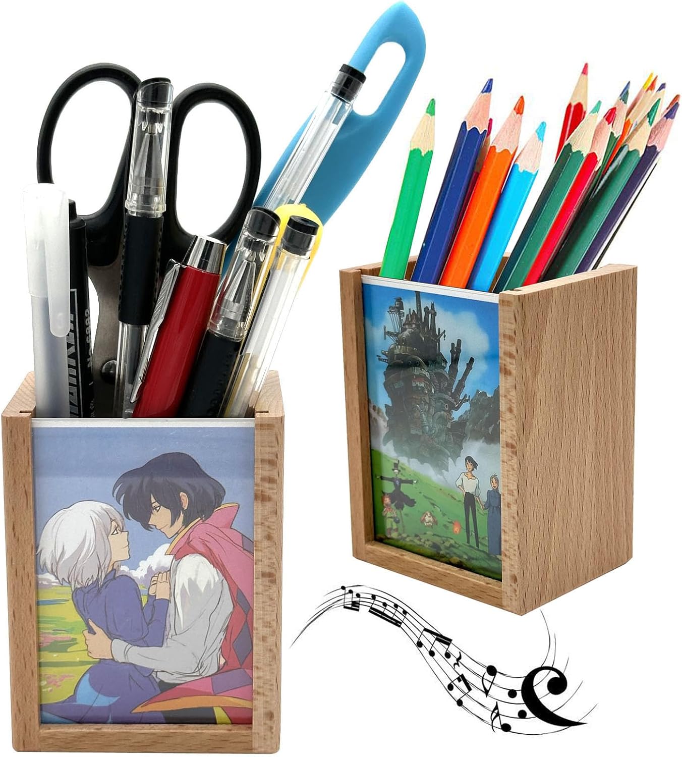 Pursuestar Solid Wood Mini Photo Frame Pen Holder Wind Up Music Box for Desk, Pencil Cup Makeup Brush Holders Musical Gift for Christmas/Birthday/Valentine's Day -Howlmoving Castle