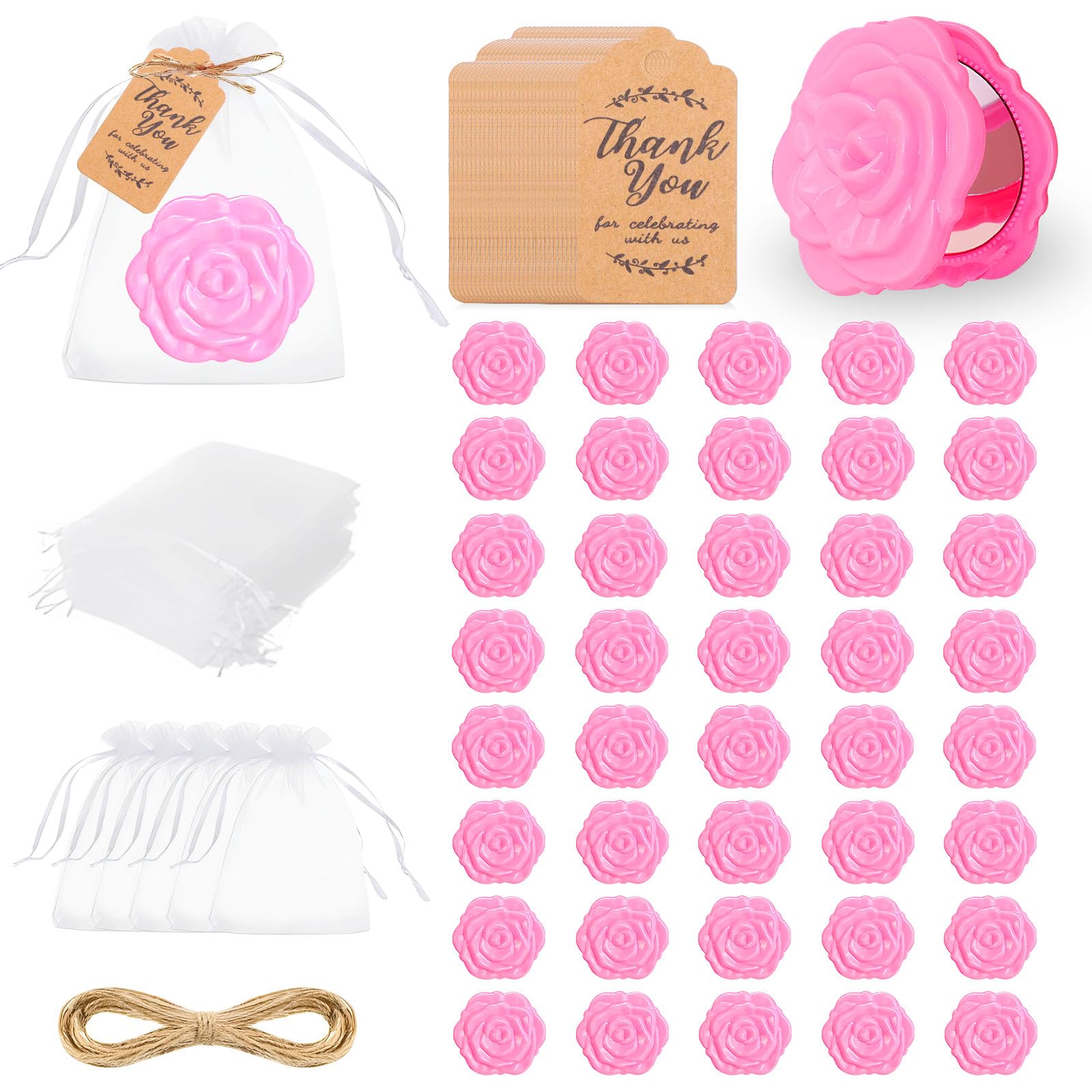 Set di 30 specchi compatti a forma di rosa, per matrimoni, bomboniere per feste di addio al nubilato per gli ospiti a forma di rosa, portatili, pieghevoli, con etichetta di ringraziamento
