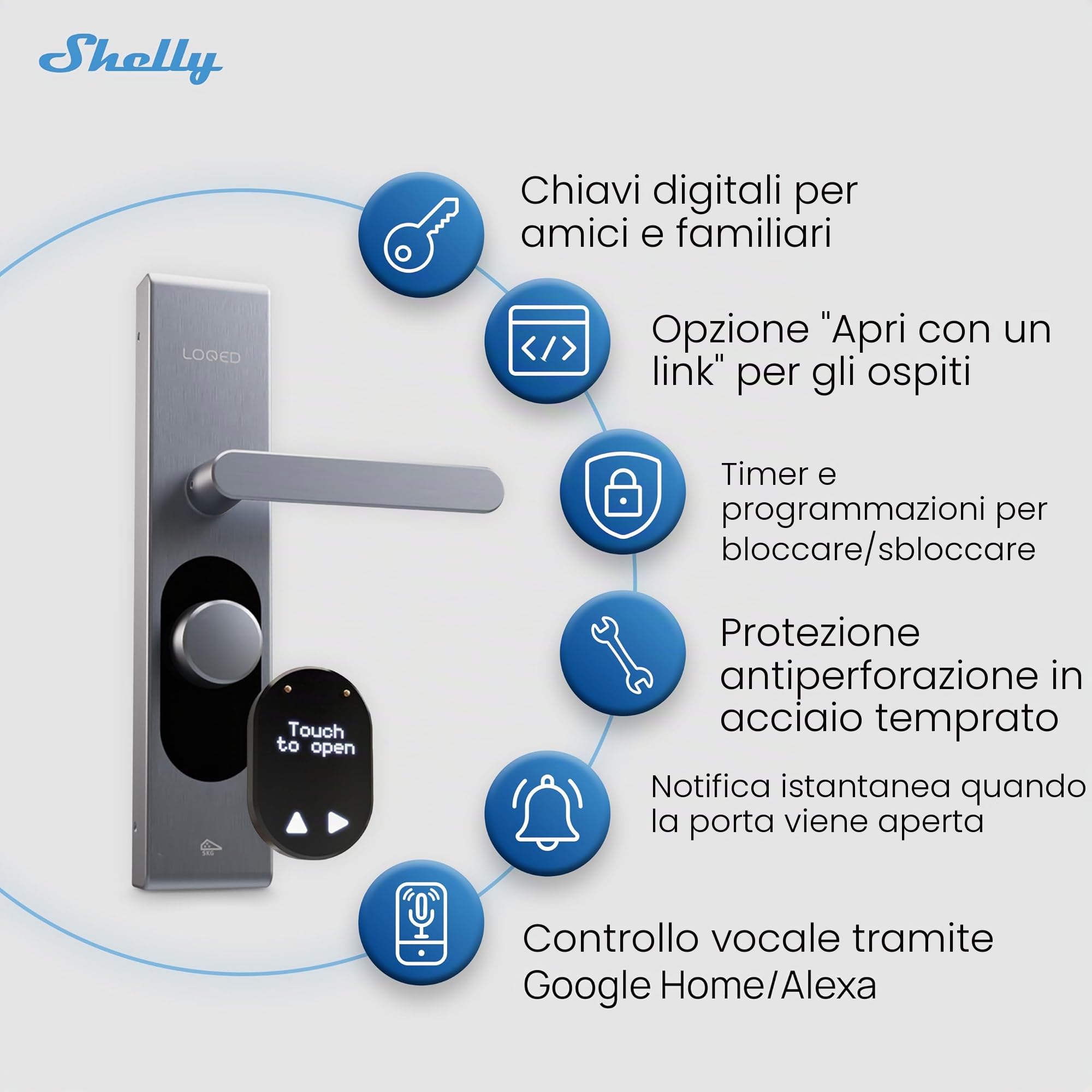 Shelly LOQED Touch Smart Lock Argento - Serratura Smart Wi-Fi Senza Chiave Con Touch-To-Open, Codice e Chiavi Digitali, Controllo Remoto Tramite App Shelly, Standard EN1303, EN15684 e SKG Tre Stelle
