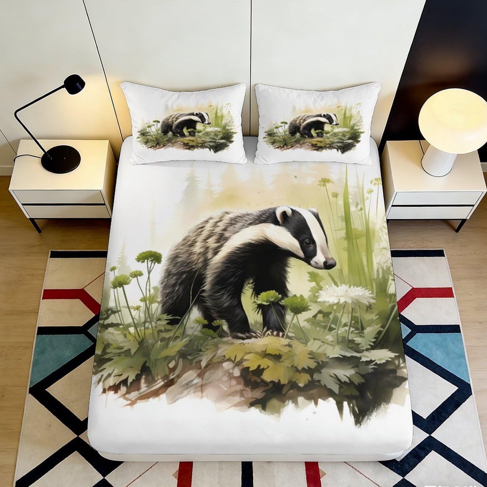 3D Printed Forest Badger Fitted Sheet Microfiber Soft Anti-Slip Bed Cover for Bedroom Guest Room Decor 90x200x25cm