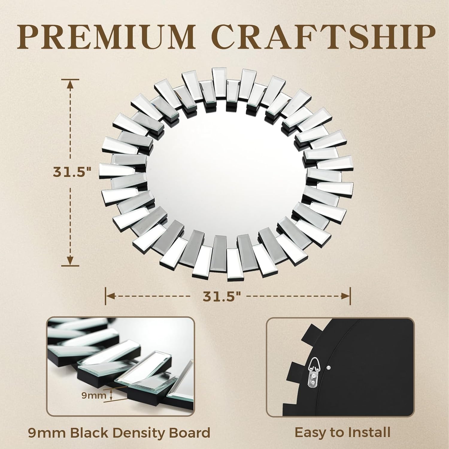 QDSSDECO Round Mirror Sunburst Wall Mirror 31.5" Beveled Edge Frameless for Living Room Bathroom Bedroom Entryway Decor