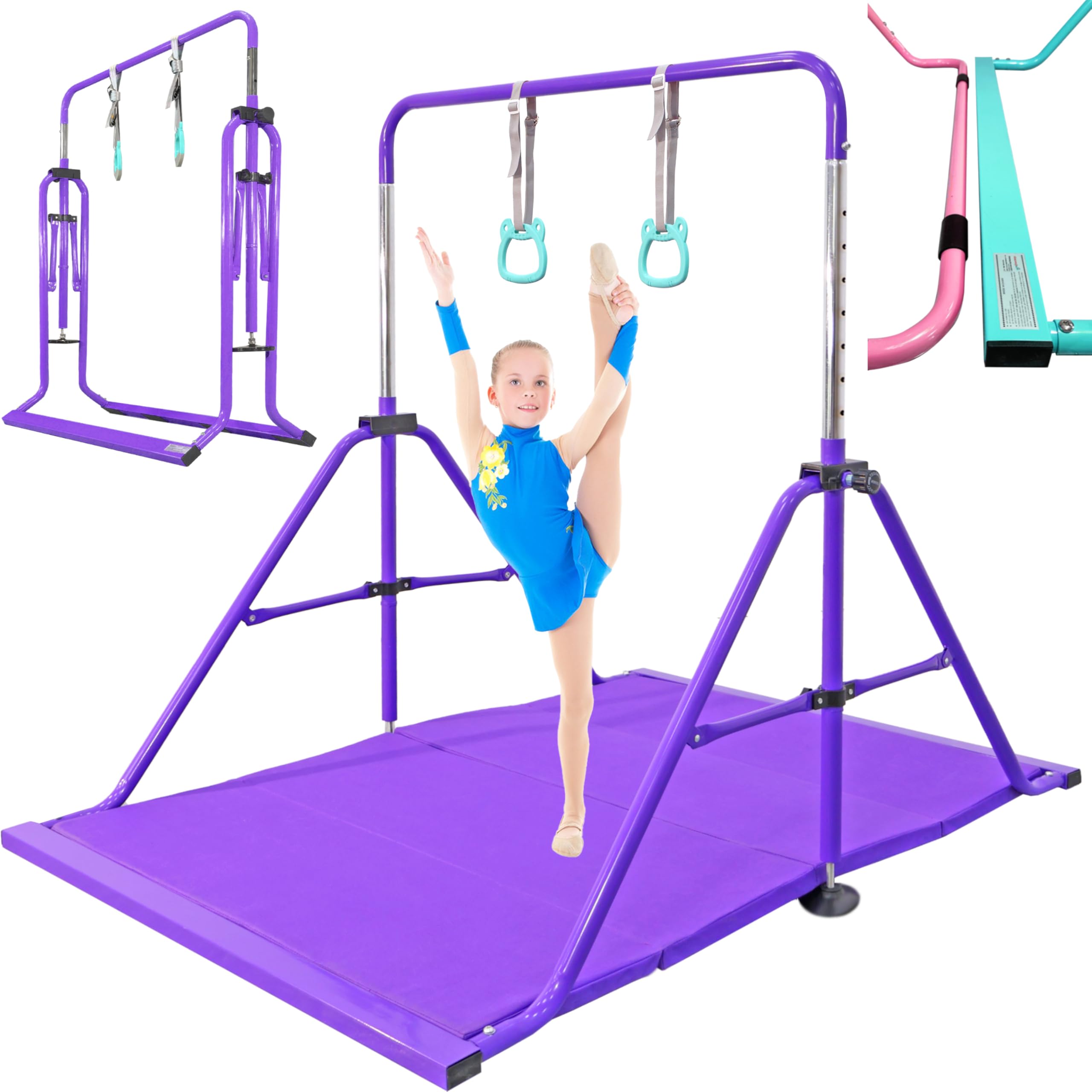 Barra da ginnastica pieghevole con anelli, barra pieghevole per kip bar con base più robusta, barra da allenamento per bambini dai 3 ai 10 anni, barra orizzontale, attrezzatura da