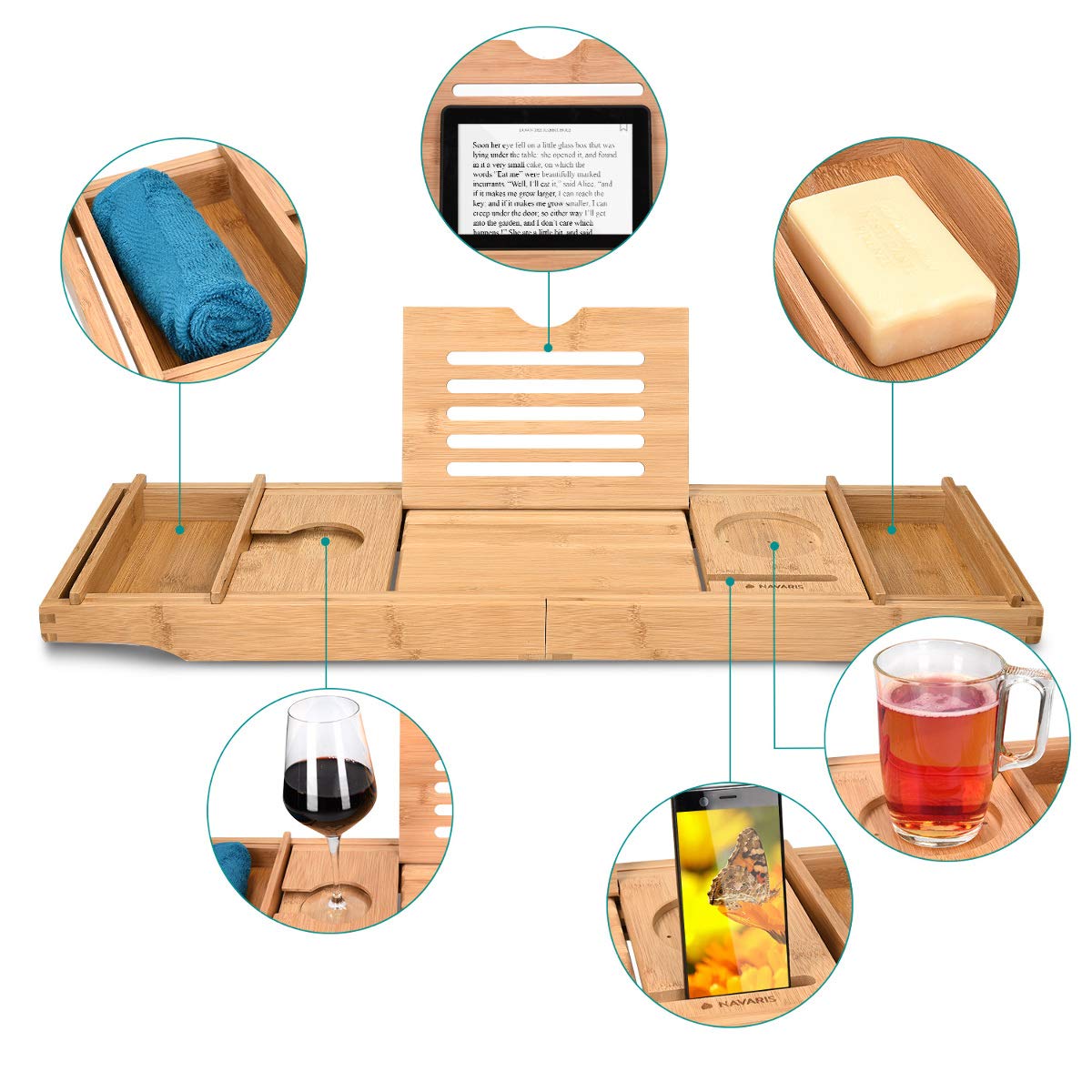 Navaris Bambus Badewannenablage Frühstückstablett ausziehbar - Buch Ablage Weinglas Halterung - Tablett für Badewanne und Bett - aus Holz in Braun