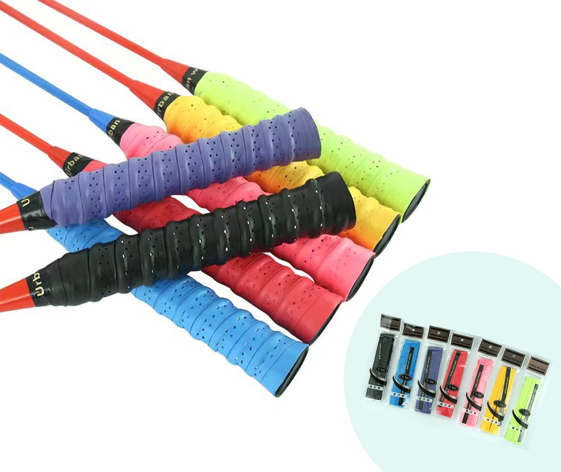 7Pcs Badminton Grip, Badminton Racket Grip, Multicolor Anti Slip Perforated Tennis Racket Grip, Tape Sweat Absorbent Tape Strong Badminton Racket Grip for Handle Grip Badminton Accessories