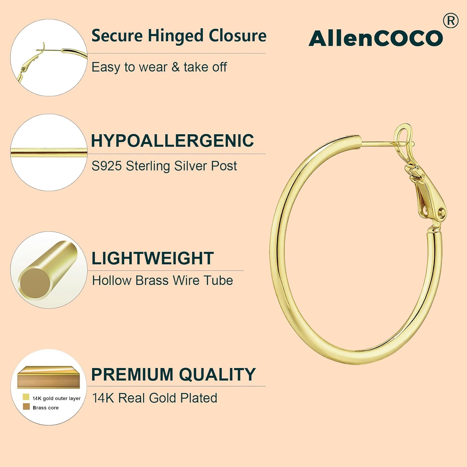AllenCOCO 2mm Large Gold Hoop Earrings Hypoallergenic Sterling Silver Post 14K Gold Plated Lightweight Thin Hoops for Women 20/30/40/50/60MM - Image 5