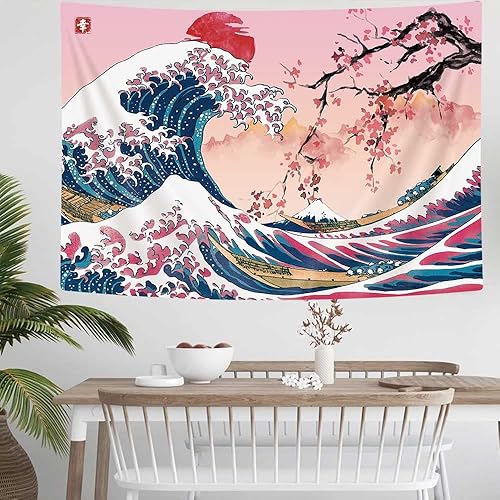 Miniatura 6 de MERCHR Tapiz japonés rosa, tapiz de pared de onda del océano, 80 x 60 pulgadas, decoración de flores de cerezo rojo de montaña de anime asiático,