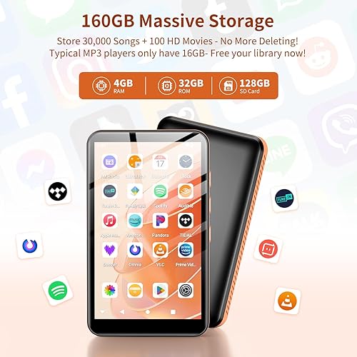 Miniatura 2 de Reproductor de MP3 de 160 GB con Bluetooth y WiFi, Android 13 MP3 y reproductor de MP4 con pantalla táctil de 4 pulgadas y altavoz, 4 GB de RAM y 32