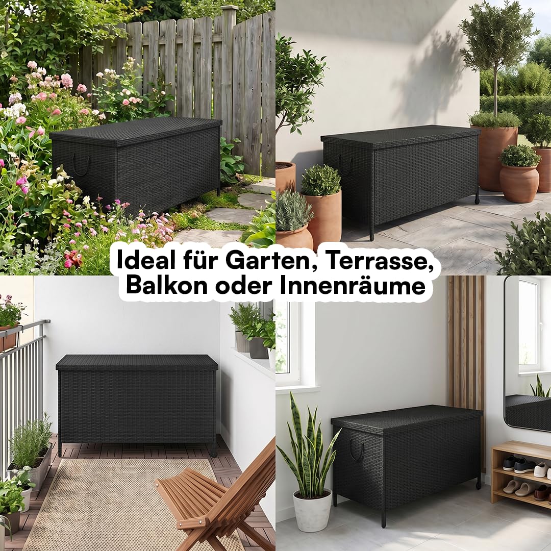 STEELSØN Serion Gartenbox mit Rollen schwarz – Rattan Aufbewahrungsbox Klappdeckel – Outdoor Auflagenbox mit Griffen – Aufbewahrungskiste wetterfest – Gartenkiste Stahlgestell – Kissenbox 140x62x61cm