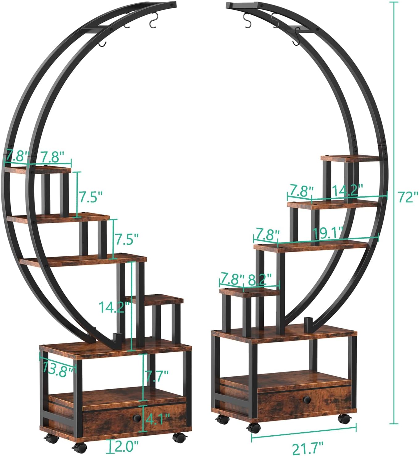 2 Pcs 6 Tier Tall Metal Indoor Plant Stand with Detachable Wheels,Half-Moon-Shaped Plant Shelf Holder with Drawer,Multi-Purpose Plant Stands for Home Decor,Balcony,Patio,Garden,Rustic Brown