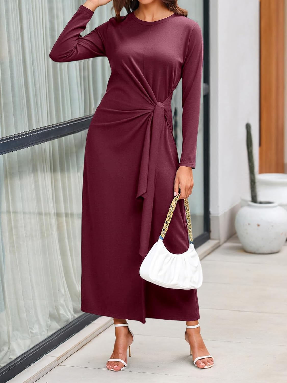 Cicy Bell Womens Long Sleeve Maxi Dress Bodycon Tie Waist Fall Elegant Crew Neck Cocktail Party Dress - Image 5