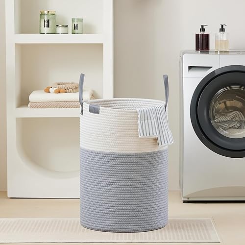 Miniatura 7 de VIPOSCO Cesta alta para ropa sucia, cesta grande para ropa sucia con mango de cuero, cesta de almacenamiento de cuerda tejida para manta, juguete en