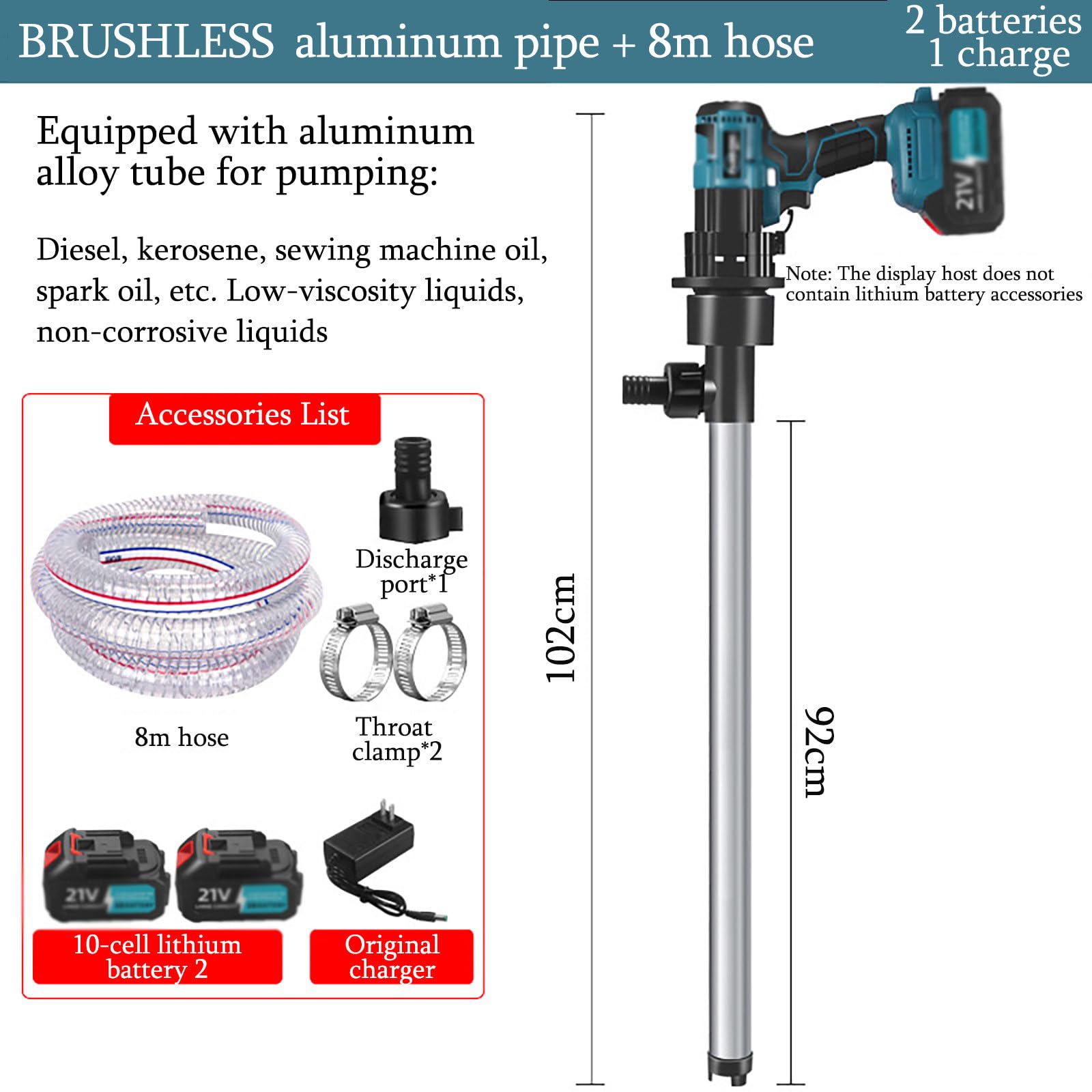 Pompa Elettrica Per Fusti Di Petrolio, Con Aspirazione Da 90-150 L/Min E Batteria Al Litio, Per Diesel/Cherosene/Olio Idraulico/Liquidi Non Corrosivi,Brushless-Aluminumtube+8mpipe