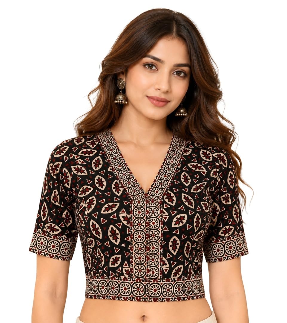House of Santiniketan Women’s Pure Cotton Non-Padded Readymade Saree Blouse | Kalamkari Floral Print Front Open Blouse | Half Sleeve Ethnic Cotton Blouse for Daily-image-40