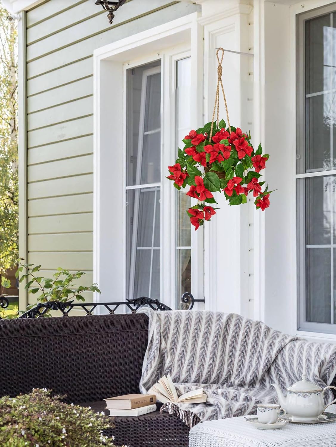 Briful Fake Hanging Basket Flowers, 27.5in Faux Red Bougainvillea Flowers in Woven Rattan Planter with Cascading Vines for Home Garden Balcony Outdoor Porch Decor