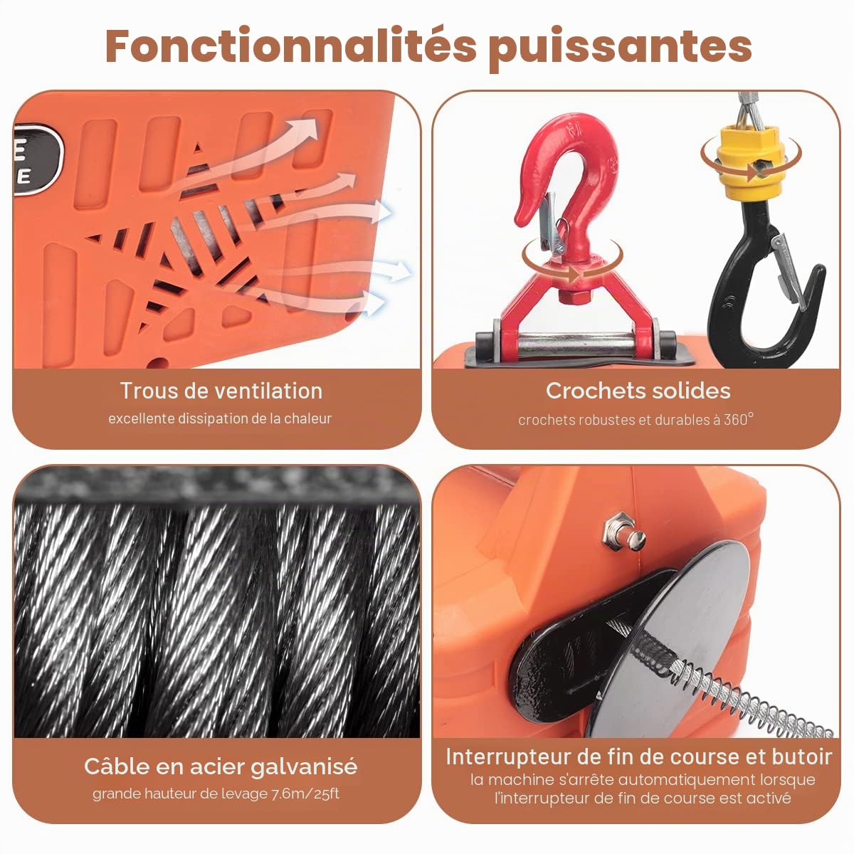 Palans élévateur électrique 3 en 1 500KG,1500W Treuil de levage électrique 230V Portable avec élingue de 7.6m pour Levage,Manuel/Câble/Télécommande Contrôle,5M/Min