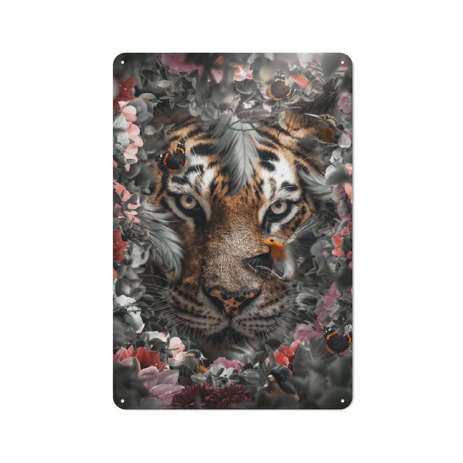 Junmoney Flowered Tiger Vintage Tin Sign 30X20cm For Café Or Home Bar, With Clear Vintage Wall Decor Character