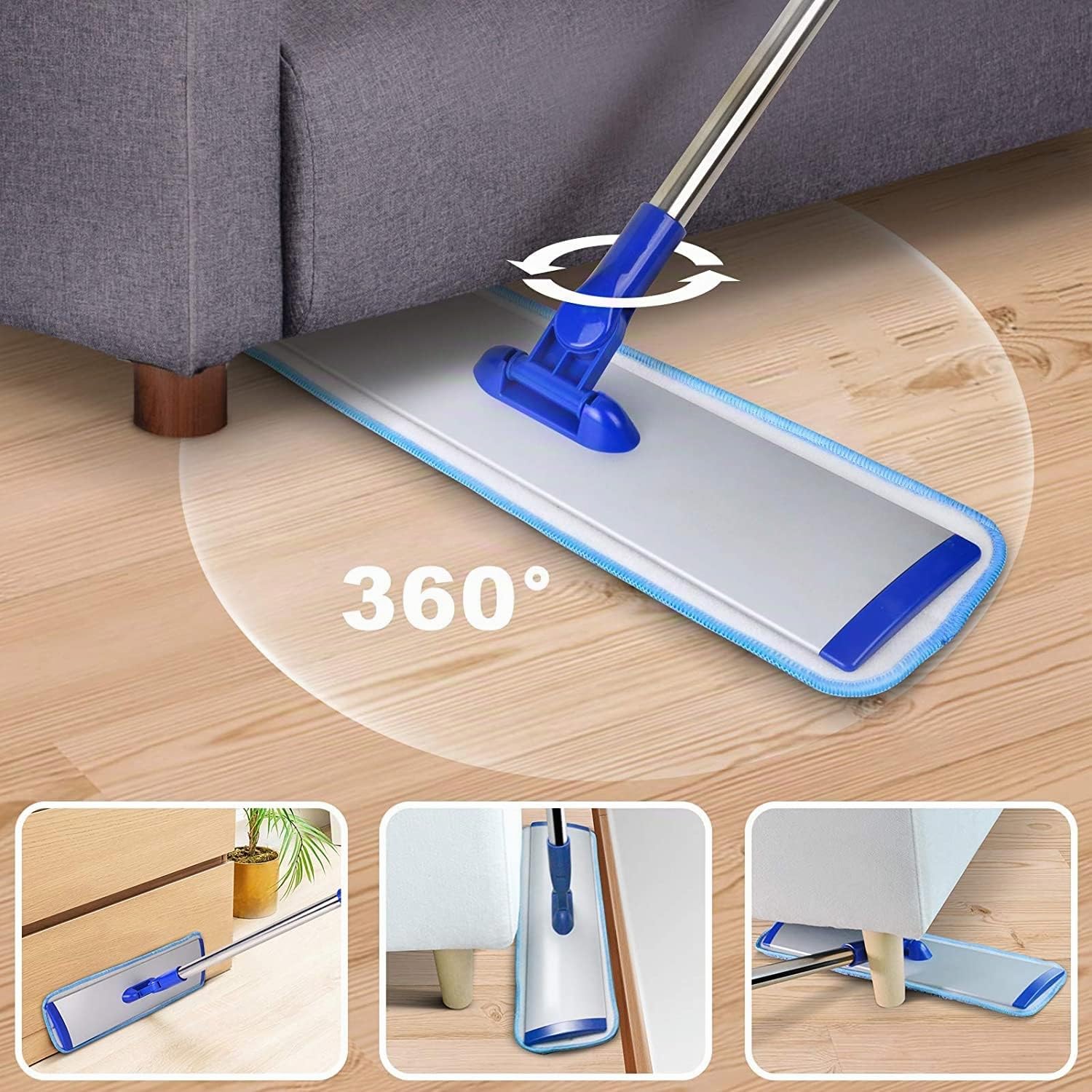 Mopa de Microfibra Profesional de 18 Pulgadas, trapeador Plano con Mango de Acero Inoxidable, 4 Almohadillas Reutilizables Lavables y Cepillo de fregona, mopa de Microfibra para Madera Dura (fregona