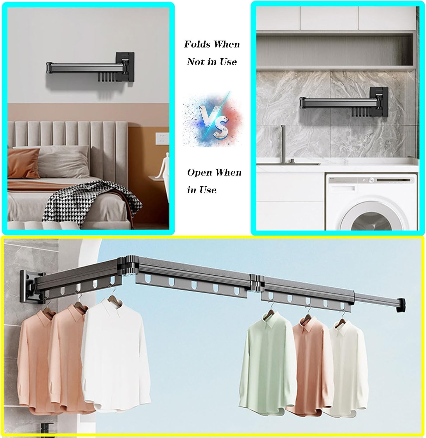 Laundry Room Clothes Drying Rack Wall, Wall Mounted Clothes Drying Rack, Laundry Stand Organizer Aluminum Alloy, Length Adjustable Saves Space (White 94cm/37in) (Black 94cm/37in)