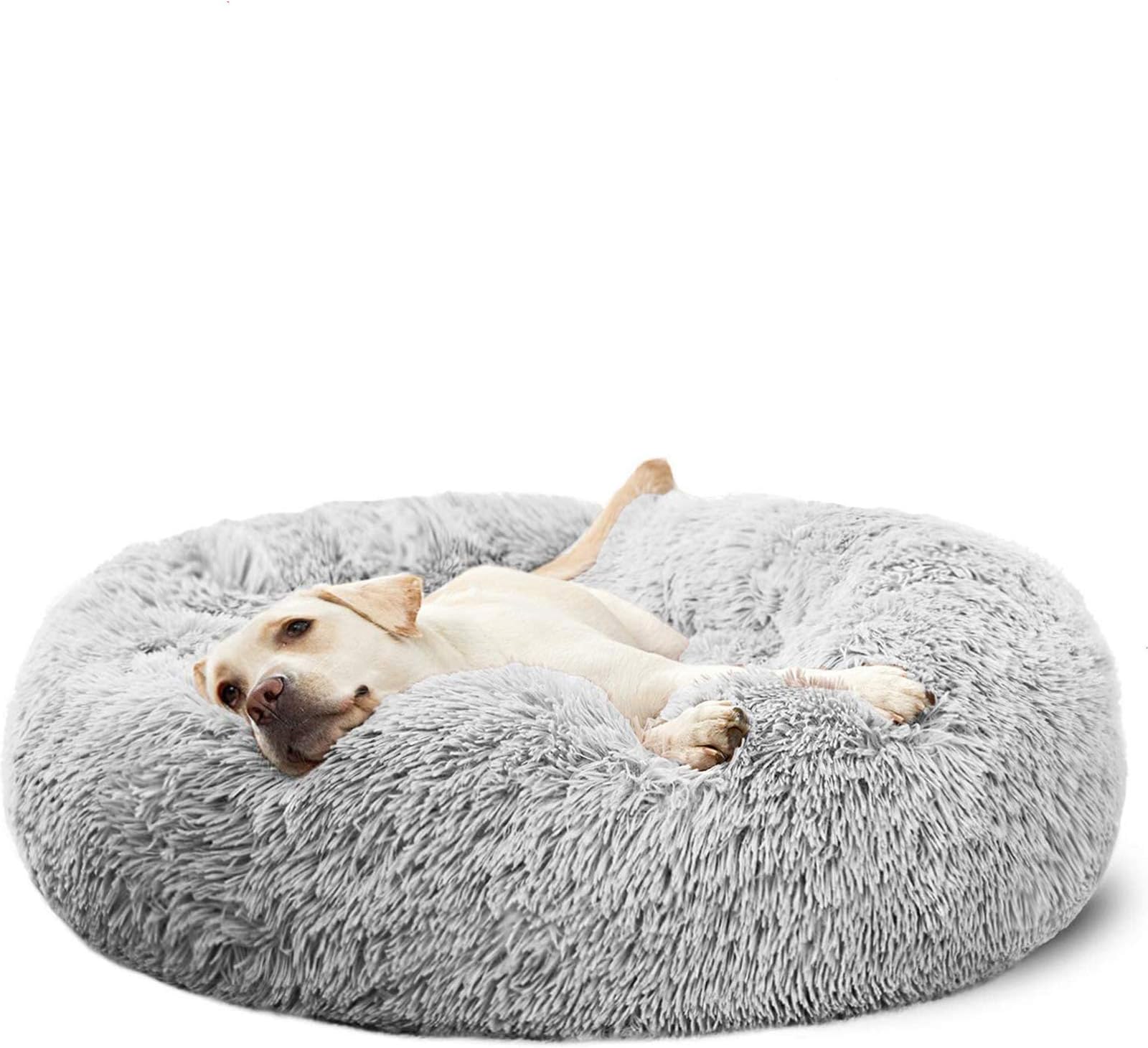 HACHIKITTY Calming Donut Cuddler Dog Bed, Round Fluffy Pet Bed for Large Dogs,Washable, Large, Gray, 30''
