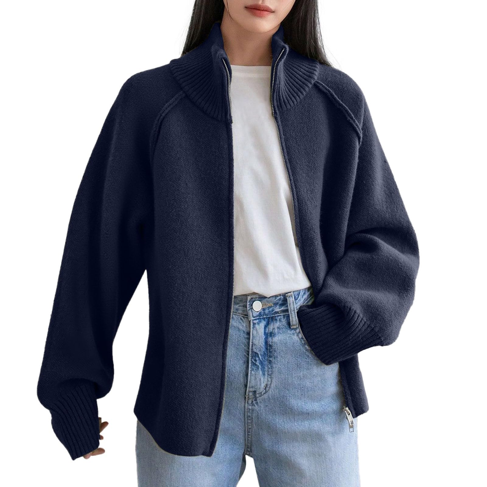 Maglione da donna, casual, con cerniera, cardigan, collo alto, maniche lunghe, morbido, caldo, vestibilità larga, top per l'inverno