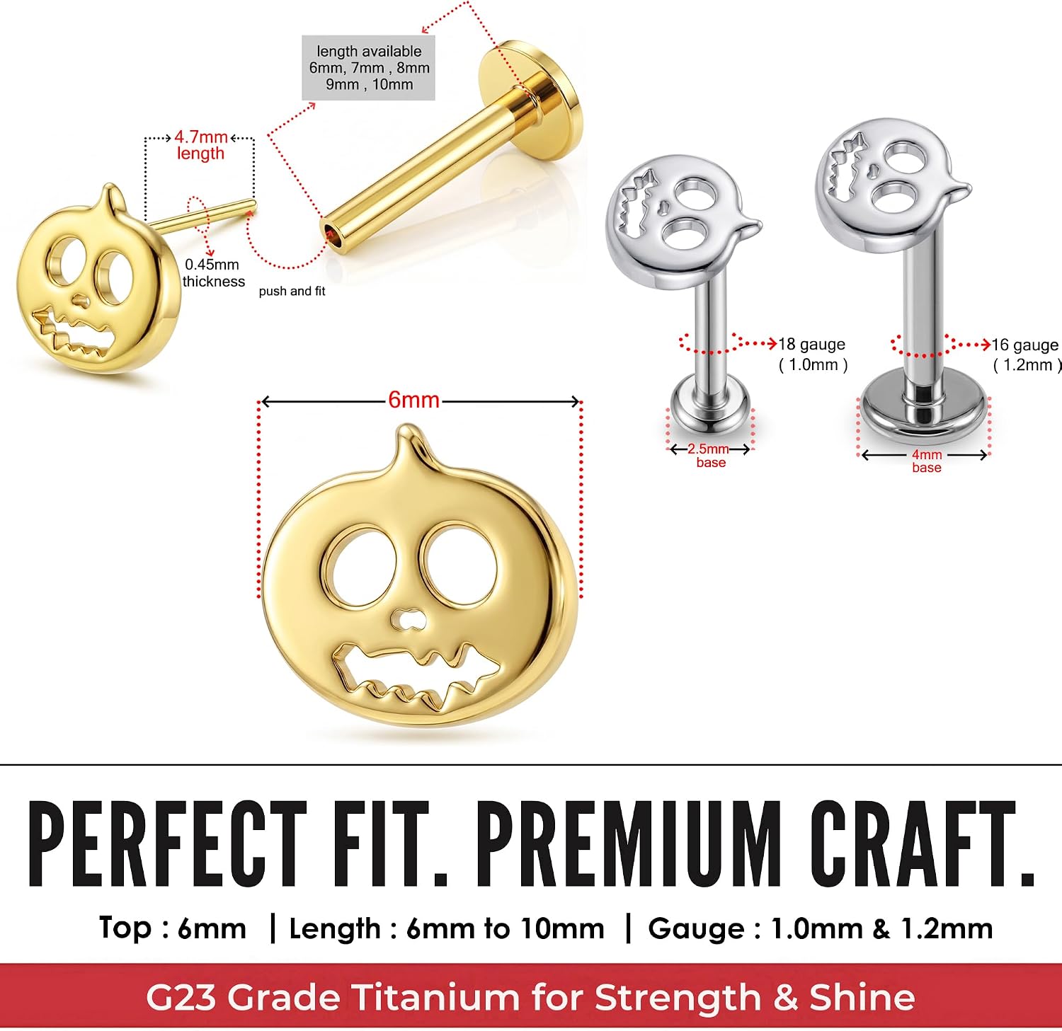 G23 Grade Titanium Plain Halloween Pumpkin Design Threadless Tragus Labret Piercing Jewelry