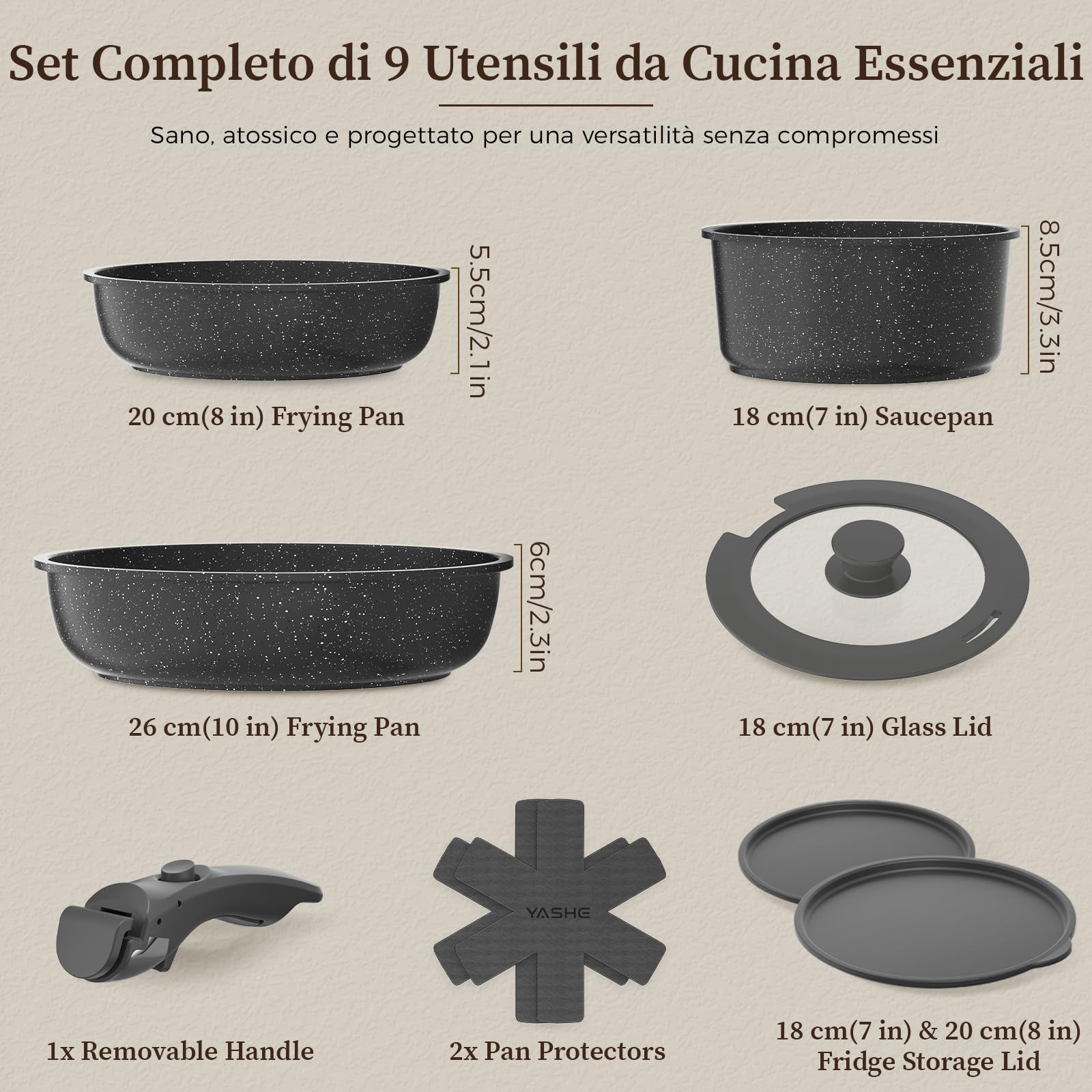 YASHE Pentole induzione 9 pezzi, atossiche, senza PTFE e PFAS | Tegame con Coperchio, Set Pentole e Padelle Antiaderenti in Granito Nero, Induzione, Salvaspazio Impilabile