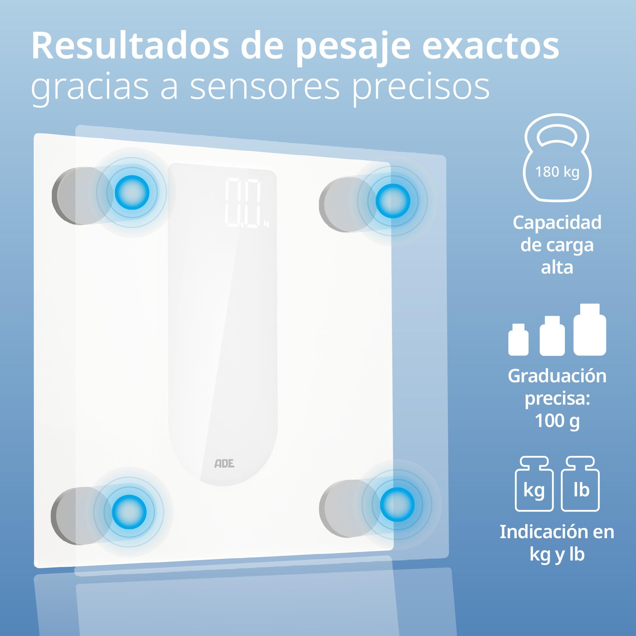ADE Bascula de baño electrónica | gran pantalla LED de alto contraste | base antideslizante | peso máximo de 180 kg y 100 gramos de precisión | blanco